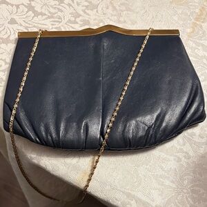 Vintage 70’s Navy Leather Frame Clutch with Gold Chain Strap